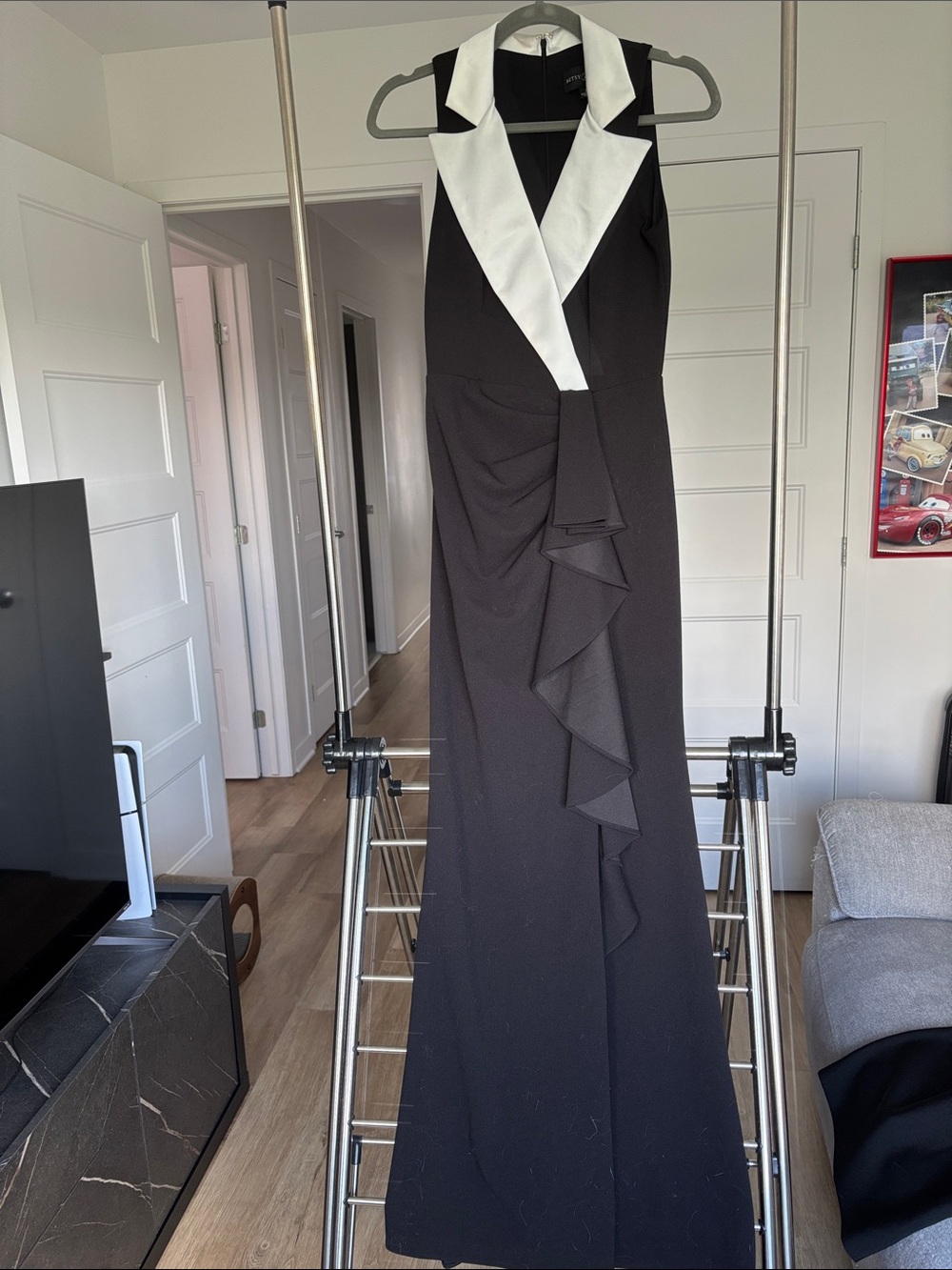 Betsy & Adam Black Maxi Dress with White Lapel Collar